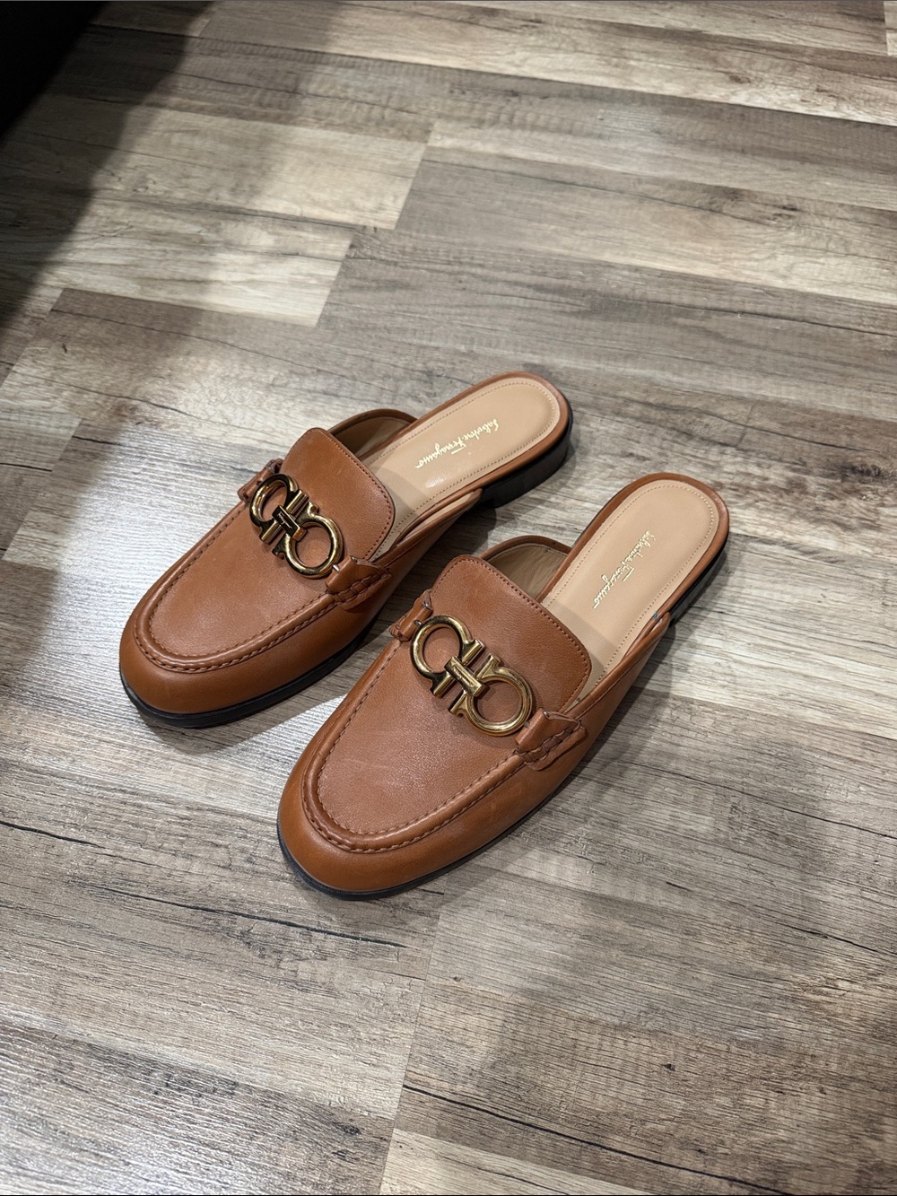 Salvatore Ferragamo Brown Leather Backless Loafer Mules with Gold Gancini